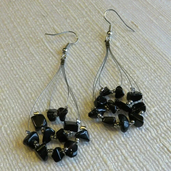 Handmade Black Onyx Gemstone Beads Triple Teardrop Loop 70mm Long Earrings - Picture 1 of 1